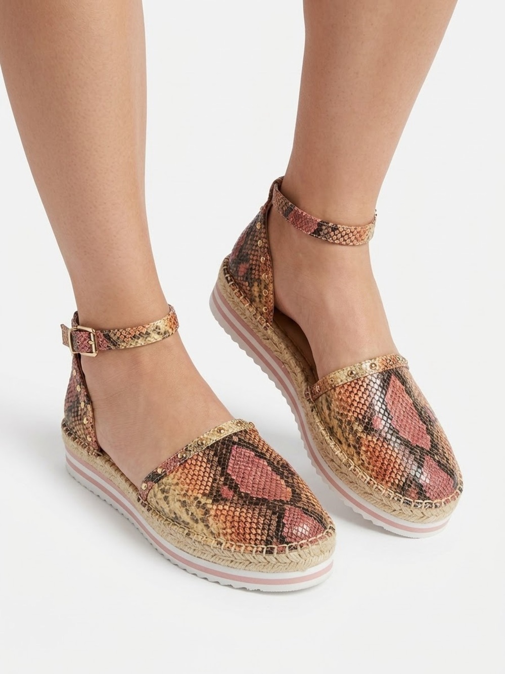 Woven Snake-Print Espadrille Flatform Sandal in Pink and Tan